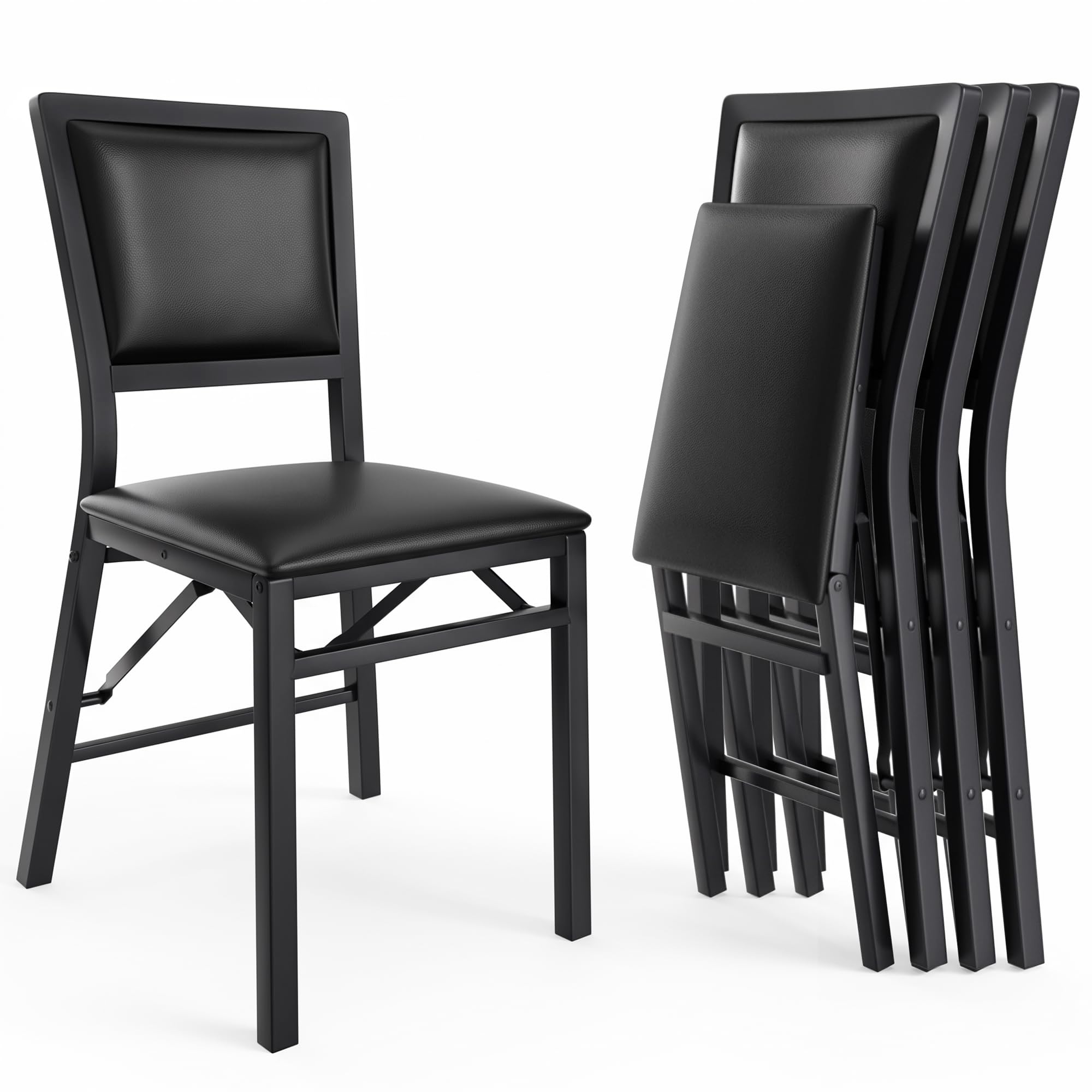 VECELO Lot de 4 Chaises Pliantes Rembourrées pour Salle à Manger, Assise Matelassée, Cadre Métallique Résistant, Meuble de Repas sans Montage Gain de Place pour Cuisine Salon, Noir