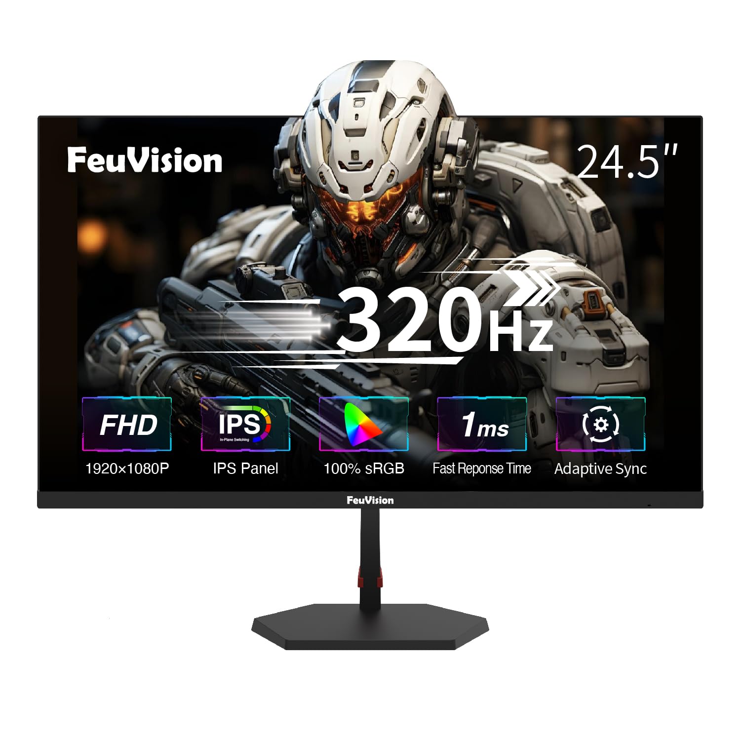 FeuVision 24.5 Zoll Gaming Monitor, up to 320Hz 240Hz, FHD 1080p, PC Monitor, 1ms, IPS Panel, Adaptive-Sync, FreeSync, VESA montierbar, Eye-Care, 100% sRGB, Rahmenlos Bildschirm, HDMI*2, DP*2