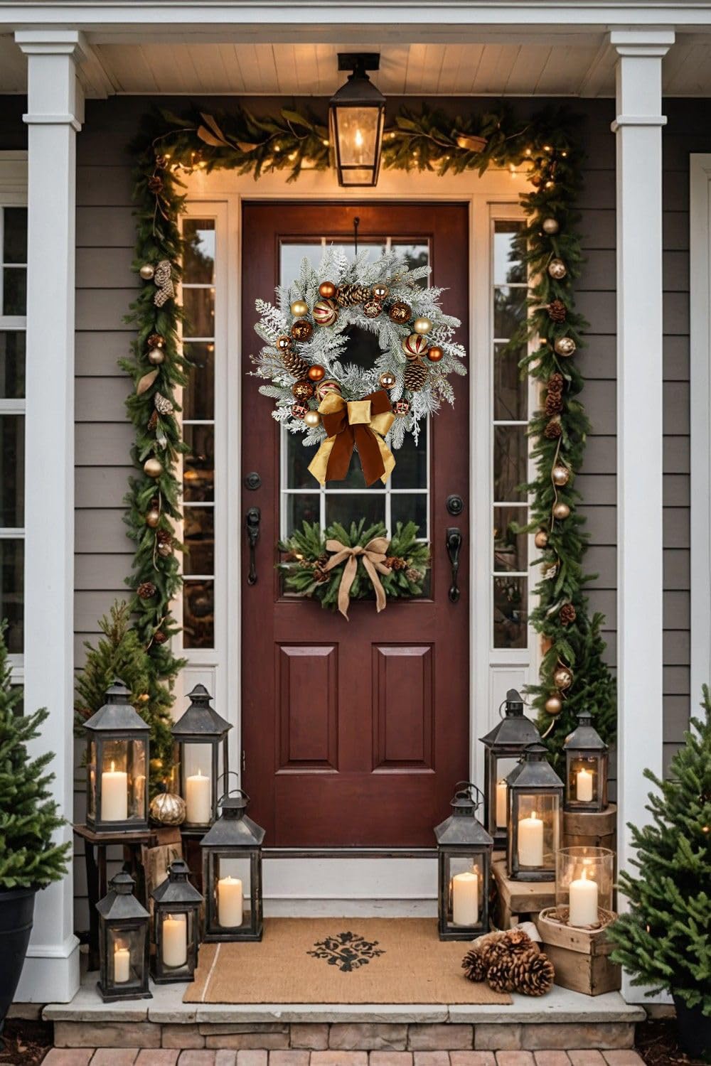 24" Christmas Wreath for Front Door Artificial Unlit Winter Wreath with Pine Cones, Berry Clusters, Bronze Ball Ornaments and Ribbon for Thanksgiving Holiday Christmas Decoration - Image 4