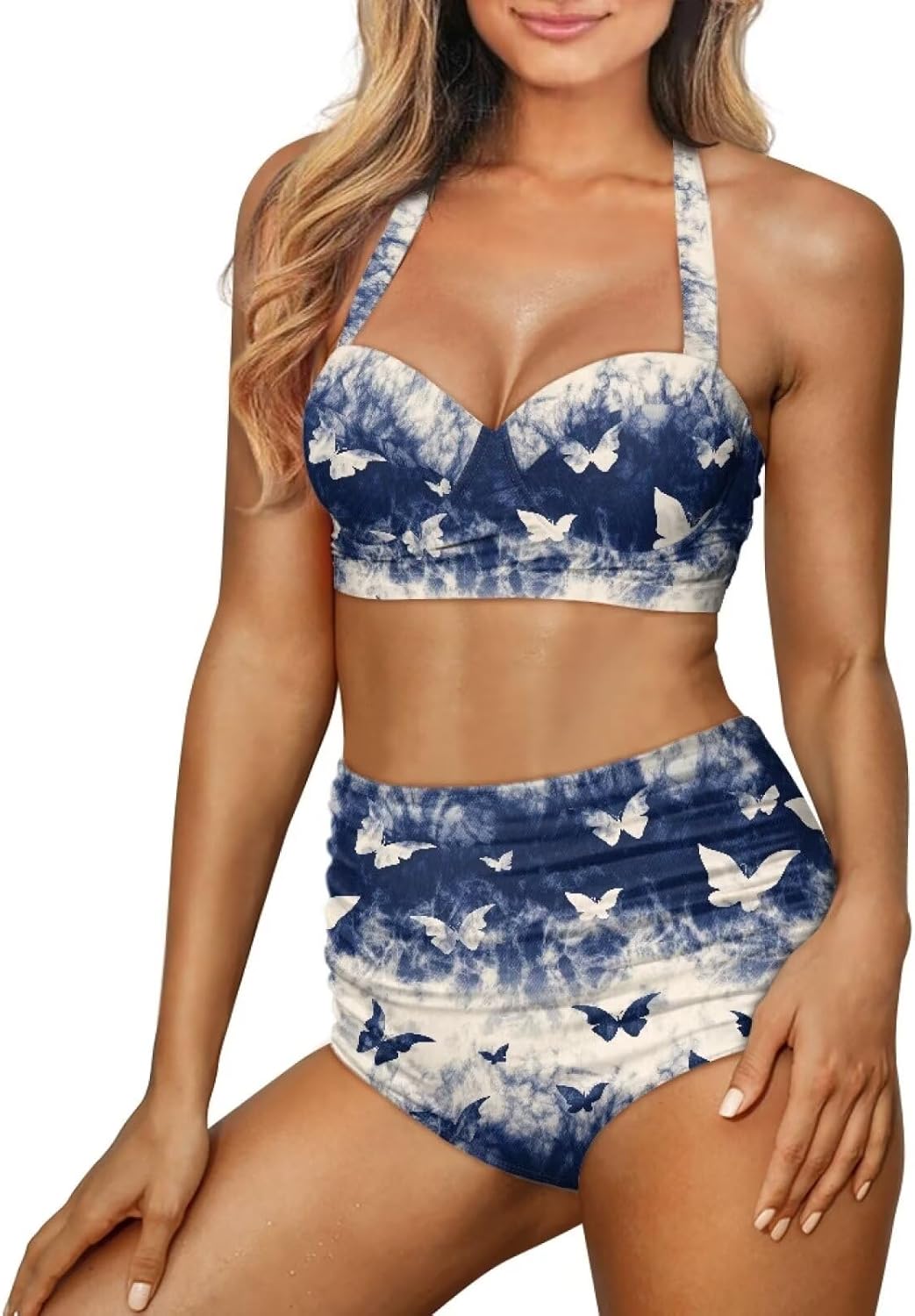 Butterfly Women's Retro Ruched Ruffle High Waist Bikini Set, Flag Tankini Swimsuits Tummy Control Swimwear