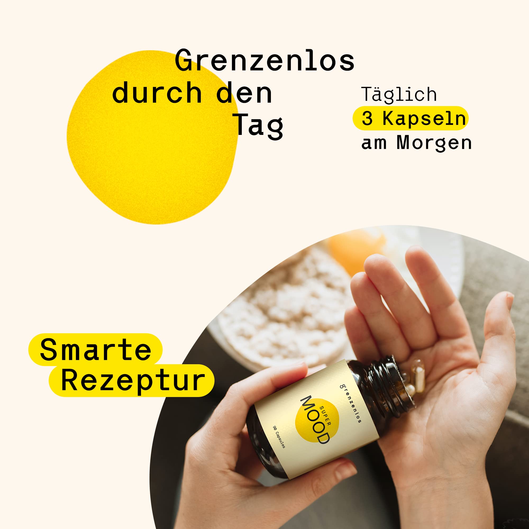 grenzenlos® Super Mood | Seelisches Wohlbefinden & mentale Stärke | Mit dem Serotonin Booster L-Tryptophan + Ashwagandha, Rosenwurz & Maca | Hochdosiert & pflanzlich | 90 Kapseln | Aus der Alpenregion