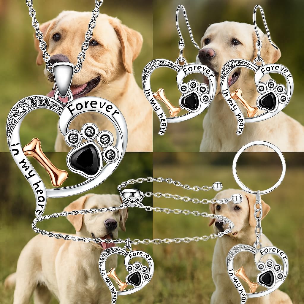 SUPAC Pet Memorial Jewelry Set, Forever in My Heart Paw Print and Bone Design, 4-Piece Silver Necklace, Bracelet, Earrings and Keychain