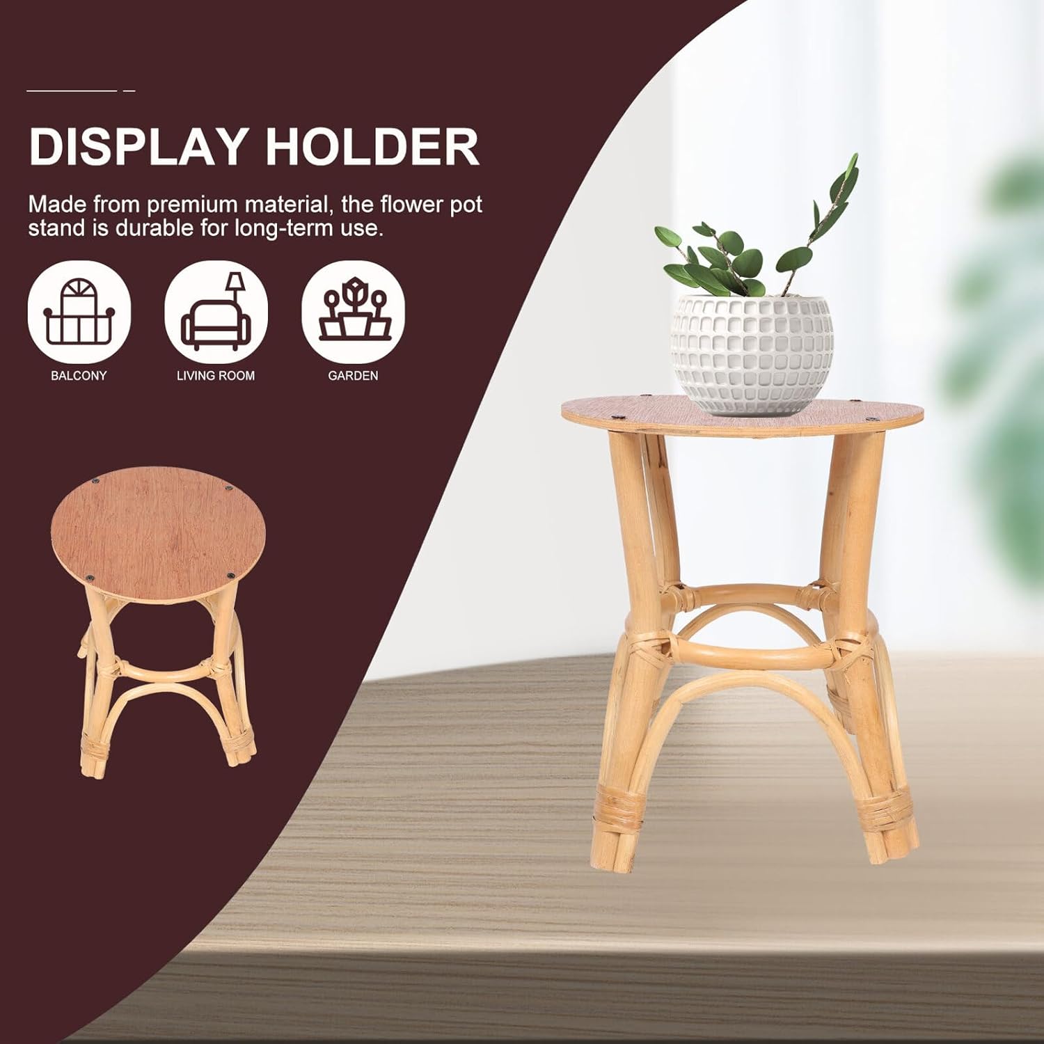 Toyvian Wooden Plant Stand Flowerpot Holder Balcony Display Rack Indoor Potted Plant Support with Rattan Weave, Diameter 25x27cm, Lightweight 400g for Home Gardening