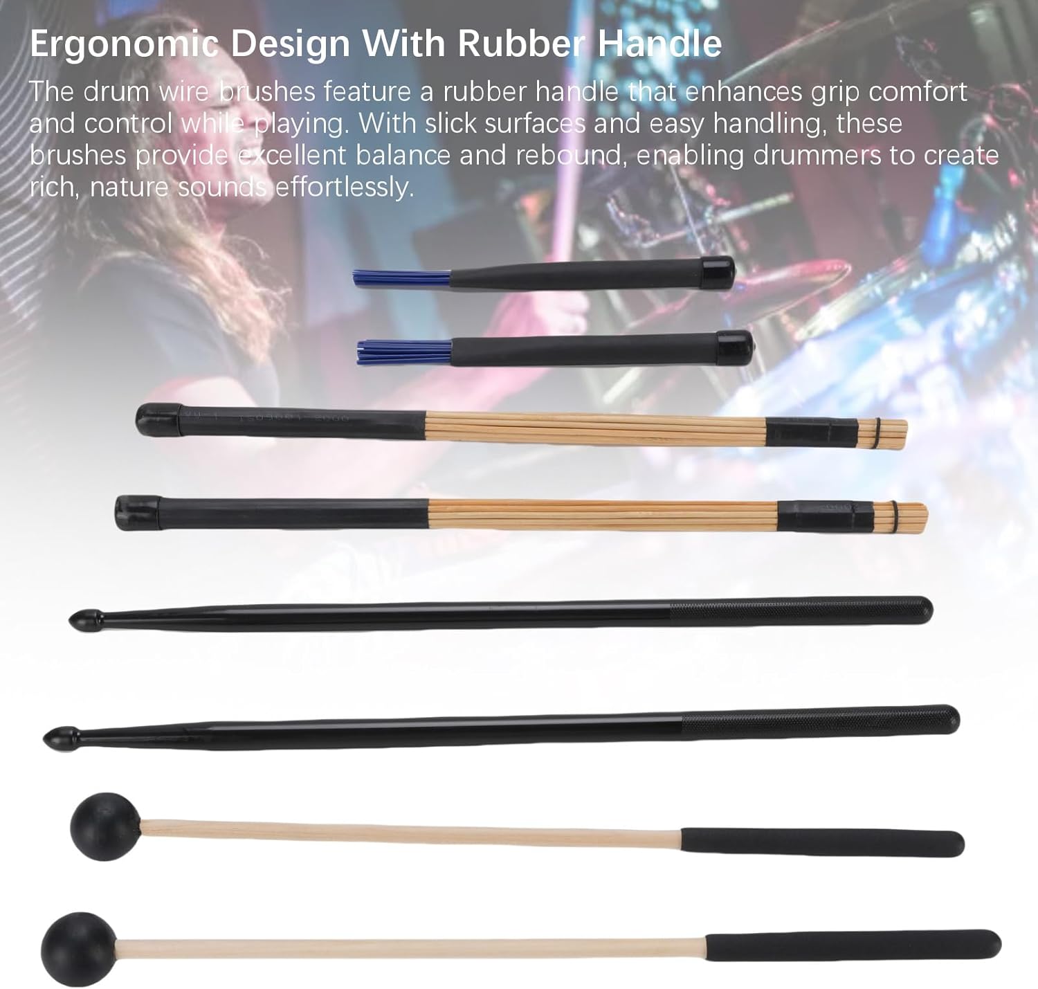 Drum Sticks Mallets Brushes Combo Set Drumstick Mallet and Drum Wire Brush with Rubber Handle Percussion Instrument Accessories for Drummers