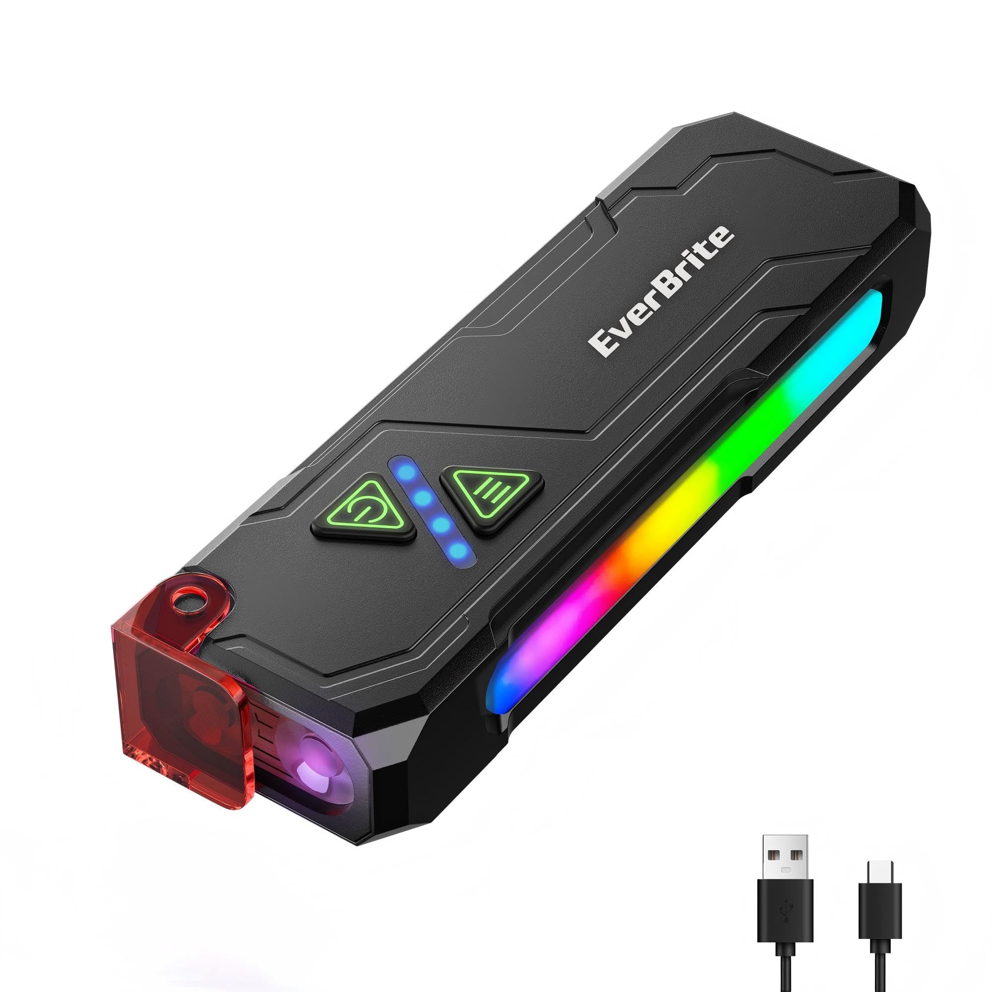 EverBrite Flat Rechargeable EDC Flashlight with RGB/UV Light for Home | Aluminum Alloy, Memory Function LED Light, USB-C Fast Charge, Magnetic Base and Hat Clip For Home, Work&Emergencies, Black