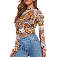 70s Womens Bell Sleeve Top Floral Tops for Women Mock Neck Flare Tops Sheer Mesh Long Sleeve Top Ruffle Shirts