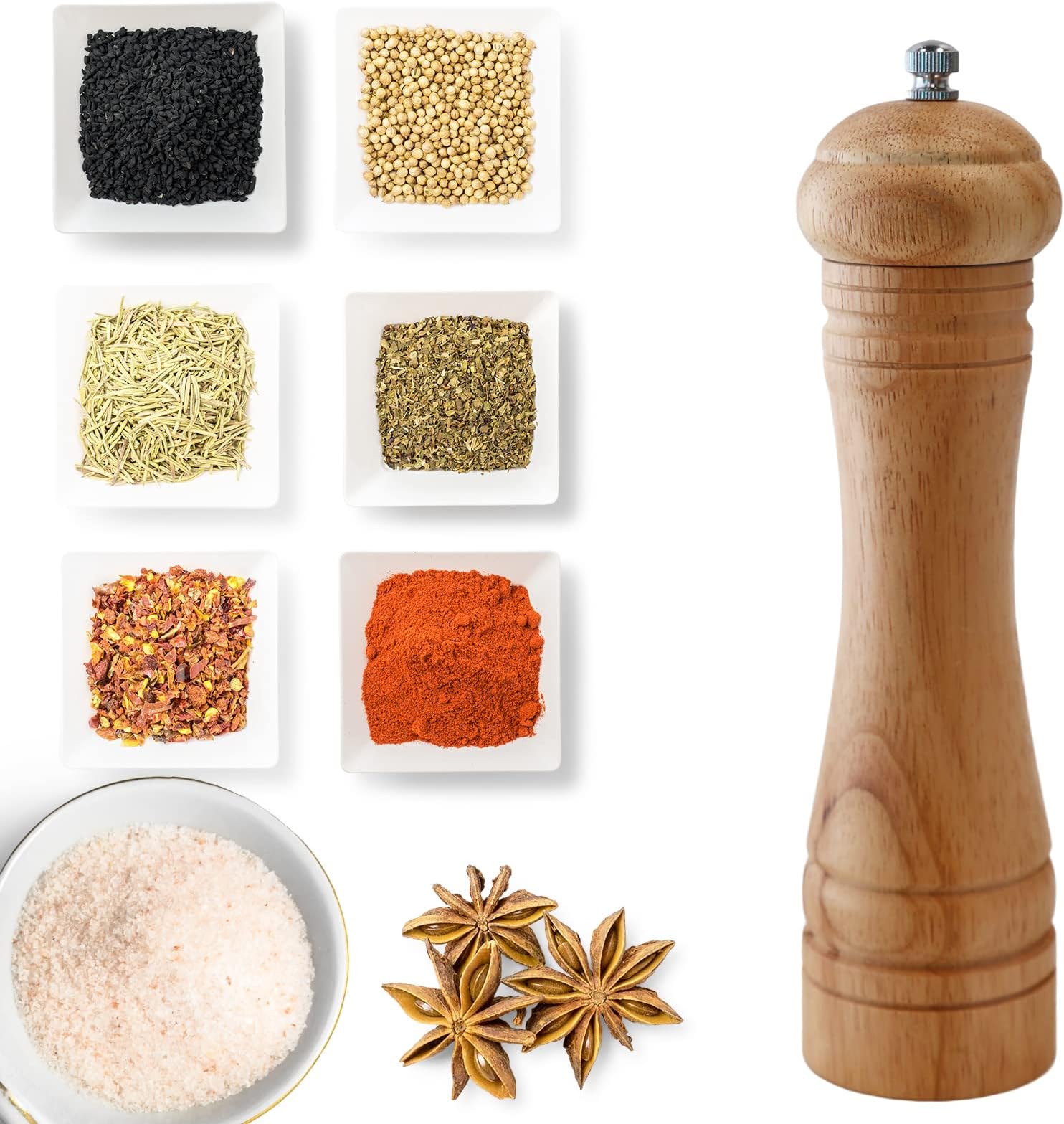 Wooden Pepper Grinder Pepper Mill with Adjustable Coarseness, Refillable Ceramic Grinding Mechanism Salt Mill - 8 Inches (1 Pack)