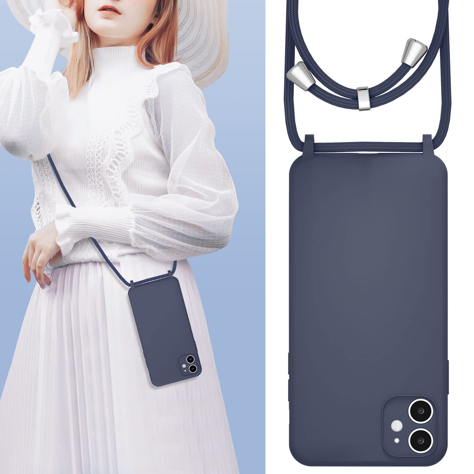 UEEBAI Custodia per iPhone 11 da 6,1 pollici, Custodia per telefono in silicone liquido con Cordino Regolabile Custodia Morbida in TPU Custodia Protettiva Antiurto protezione totale– Blu Scuro