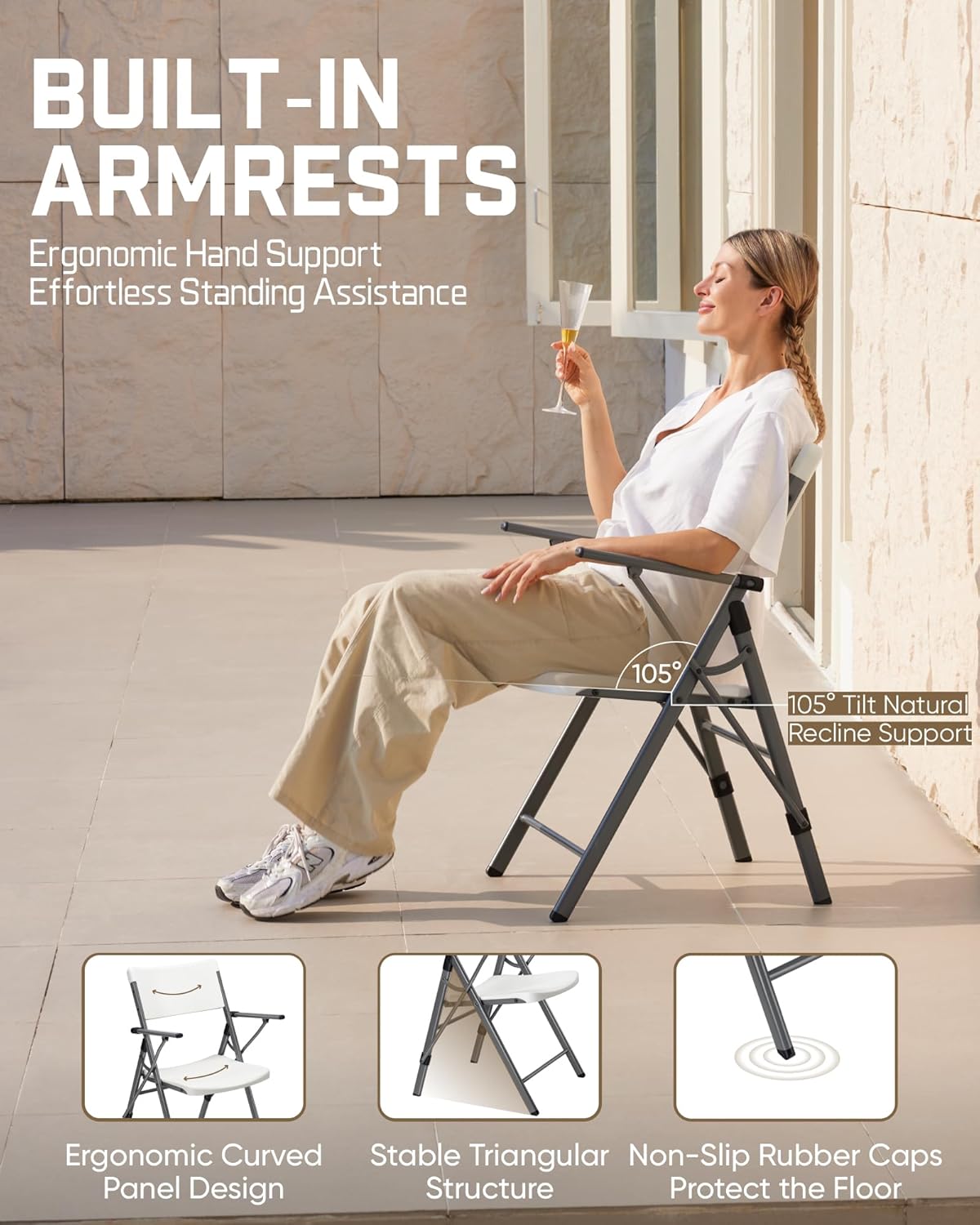 FanttikOutdoor Portable Plastic Folding Chair, Integrated Armrest, Indoor Outdoor Heavy Duty Office Seat with Steel Frame, 350 lbs Capacity for Home, Party, Garden, Stadium, 2-Pack White Zeta H8 Ultra