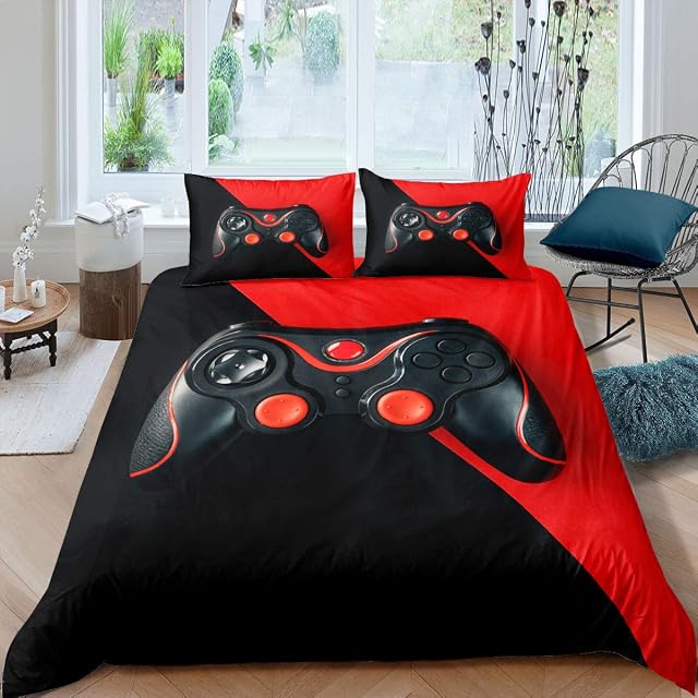 Loussiesd Game Duvet Cover Boys Kids Gaming Bedding Set Video Game Controller Room Decor Kids Bedding for Teen Girls Christmas Bedding Single,Single Duvet Cover Set with 1 Pillow Cases Black Red