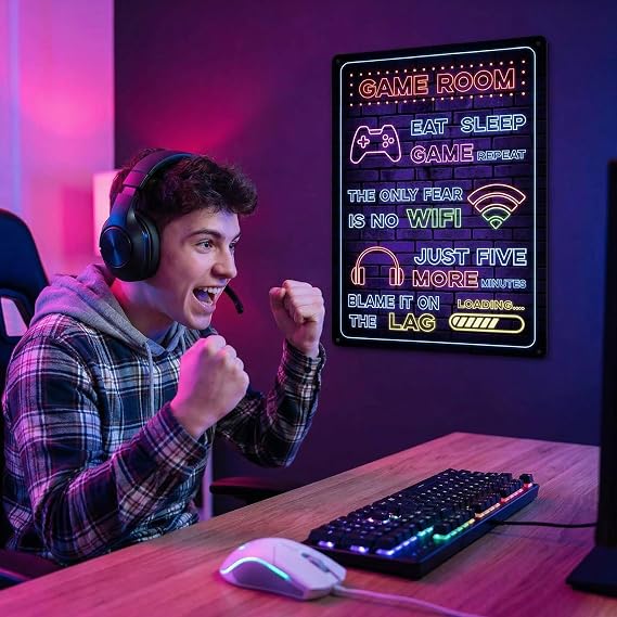 Gaming Room Accessories Metal Tin Sign, Cool Neon Game Room Wall Decor for Boys Teens, 8x12 Inch Gamer Bedroom Decor, Gamers Gift for Game Night