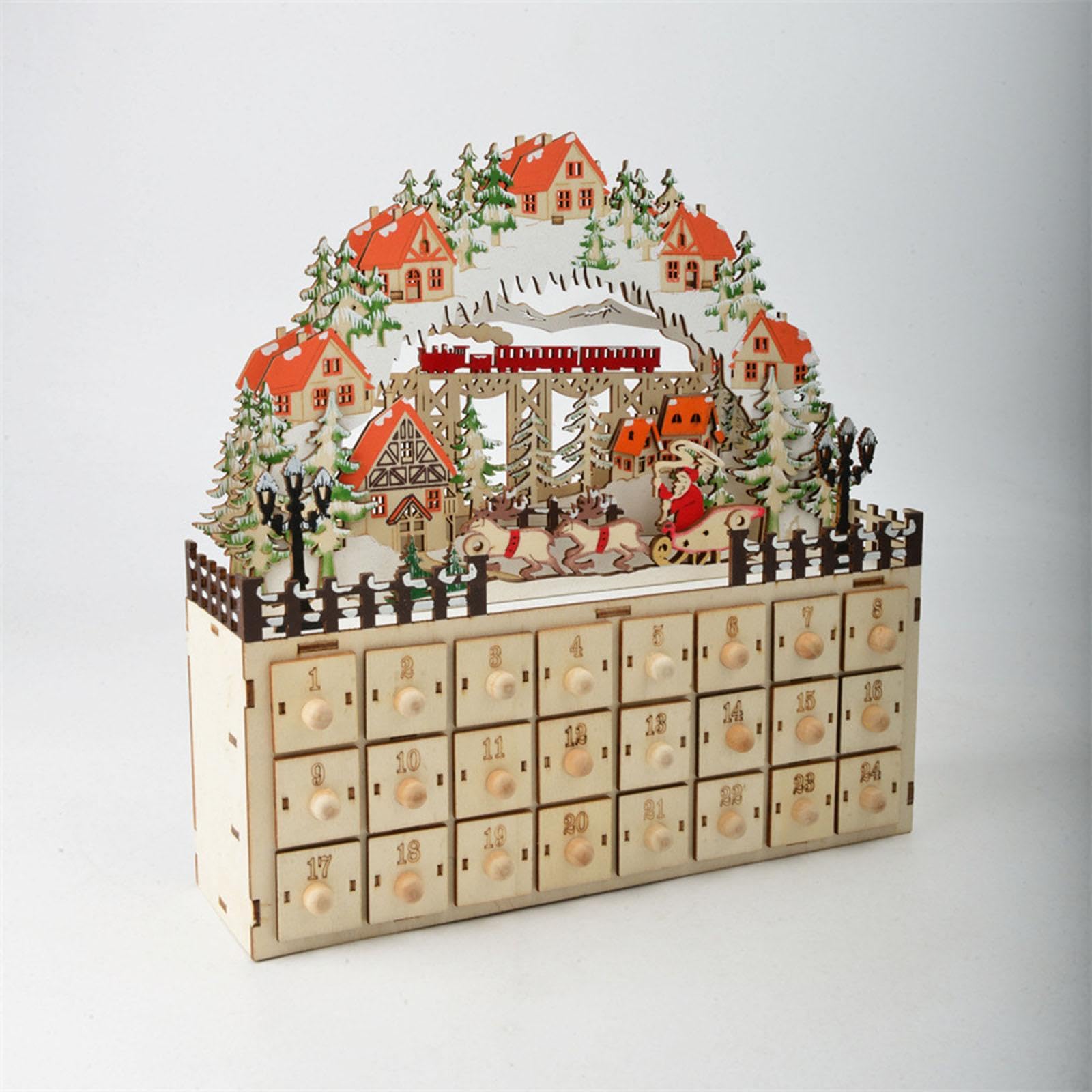 Weihnachts-Adventskalender aus Holz, beleuchtet mit 24 Schubladen, 2 Stück