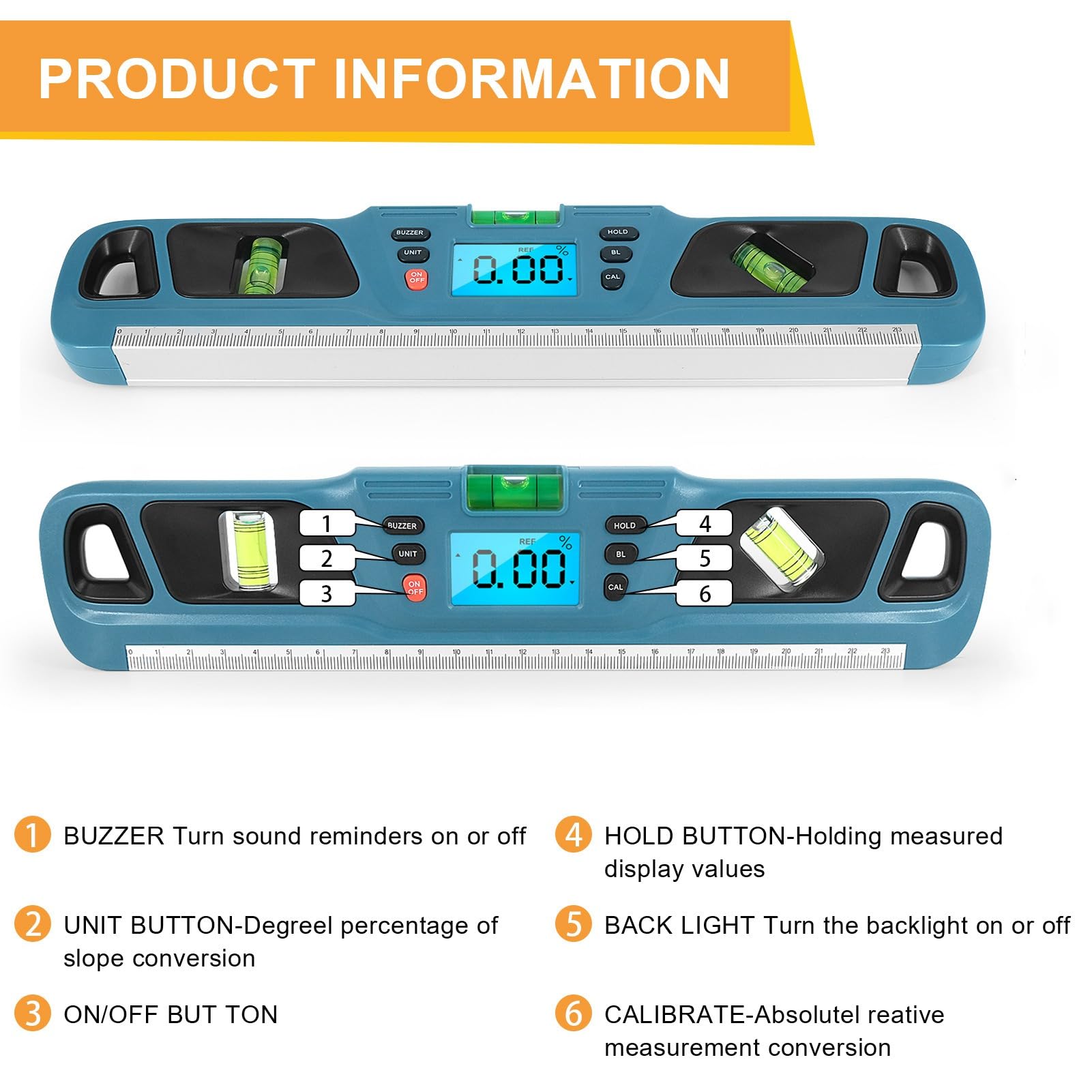 POENVFPO Digitale Wasserwaage, LCD-Display, Multifunktionale Elektronische Wasserwaage und Winkelmesser für Winkel und Neigungen, Hausrenovierung, Tischlerprojekte