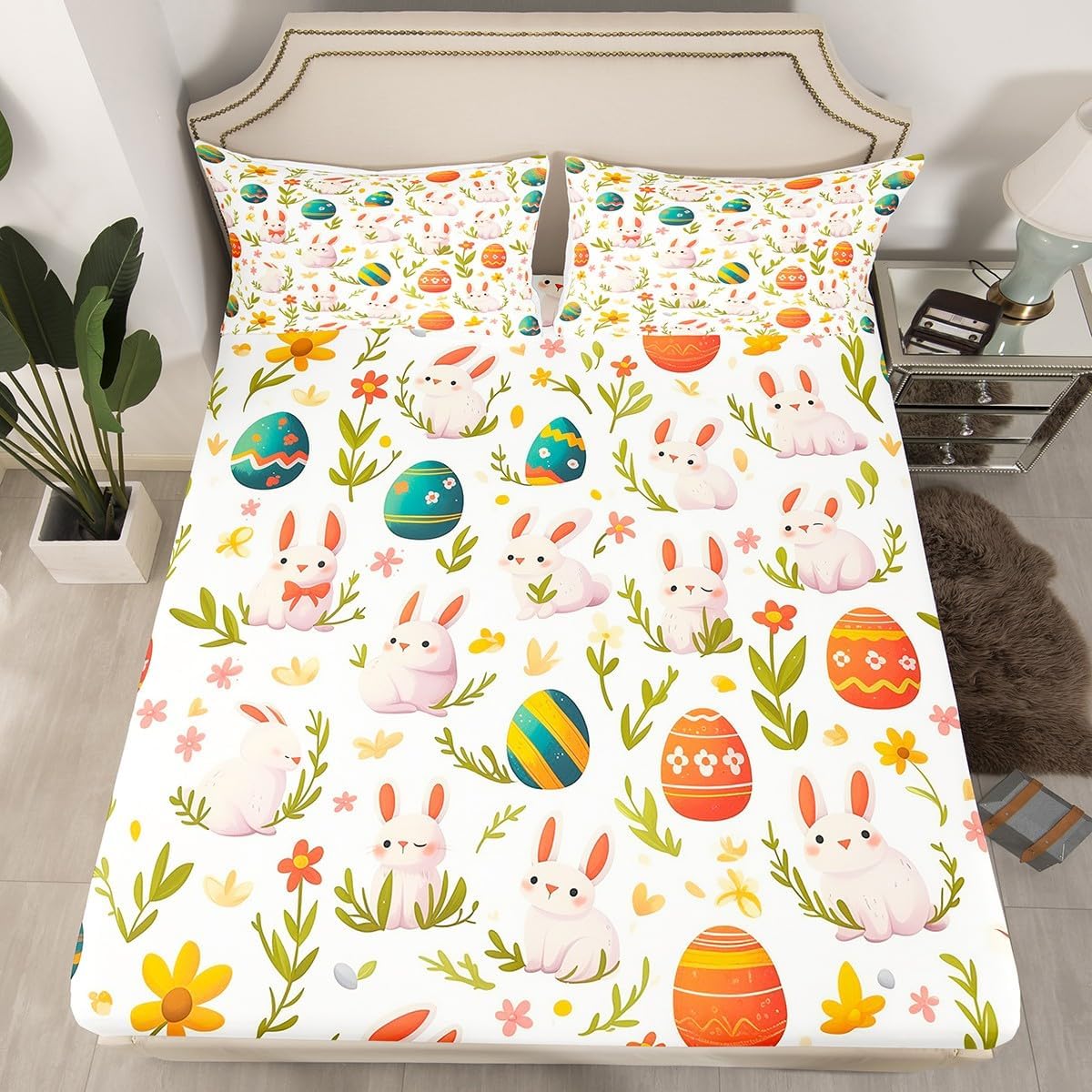Erosebridal Easter Eggs Decor Bed Sheets Queen Size, Cartoon Rabbit Bedding Set Kids Cute Bunnies Bunny Fitted Sheet Kawaii Flower Lovely Farm Animal Sheets Greetings and Gifts for Easter Day