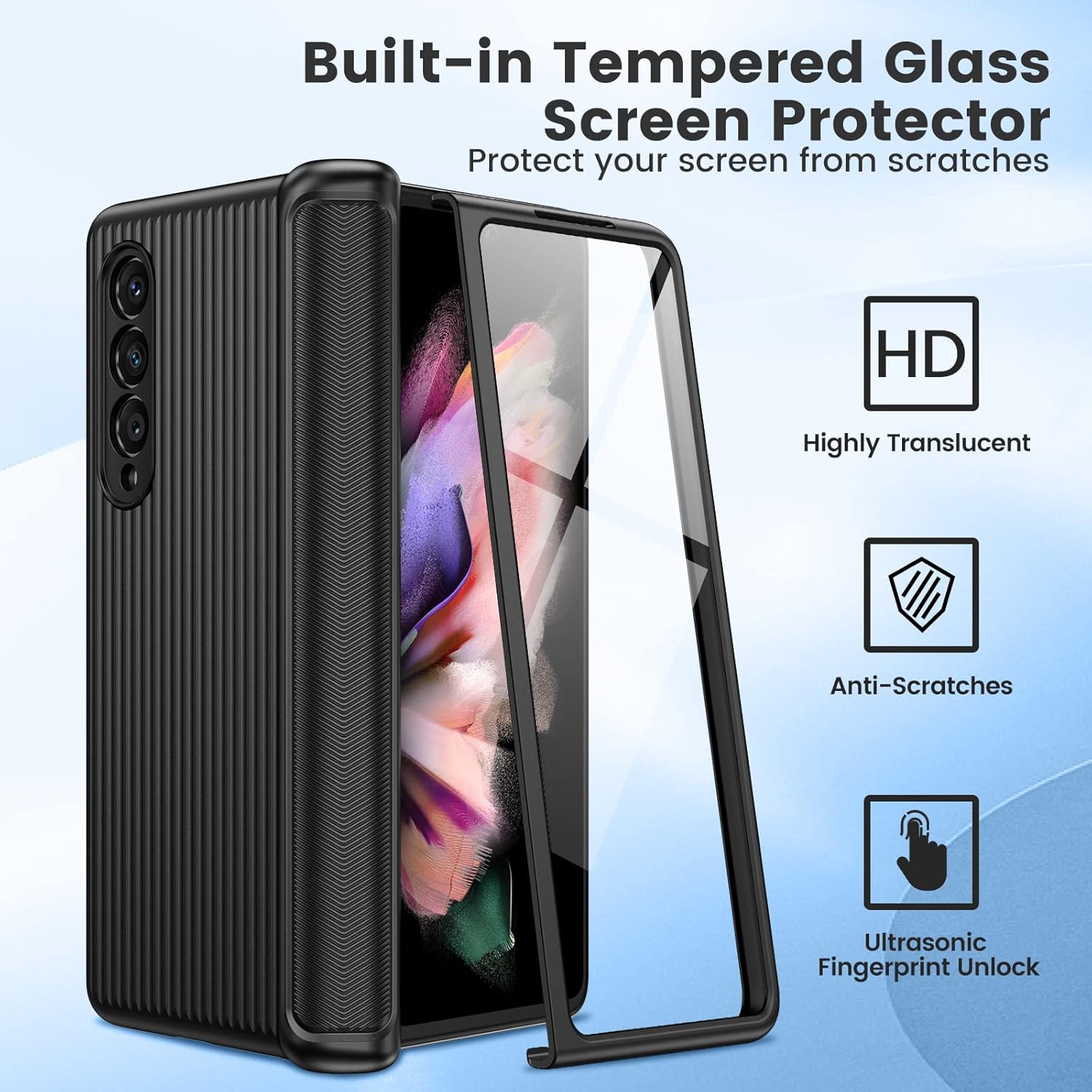 Ruky for Samsung Galaxy Z Fold 3 Case Hinge Coverage Protection, Full Body [with Built-in Screen Protector] Hard PC Ultra-Thin Shockproof Protective Phone Case for Samsung Galaxy Z Fold 3 - Black