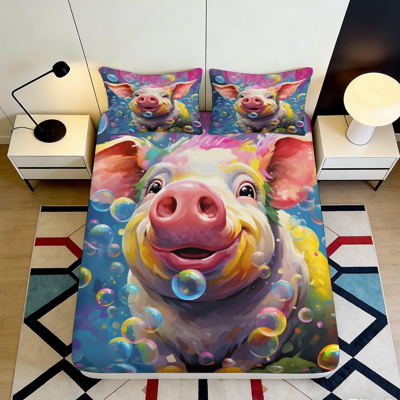 3D Printed Colorful Pig Bubble Art Fitted Sheet Microfiber Anti-Slip Mattress Cover for Bedroom Dorm Room Decor 90x200x25cm