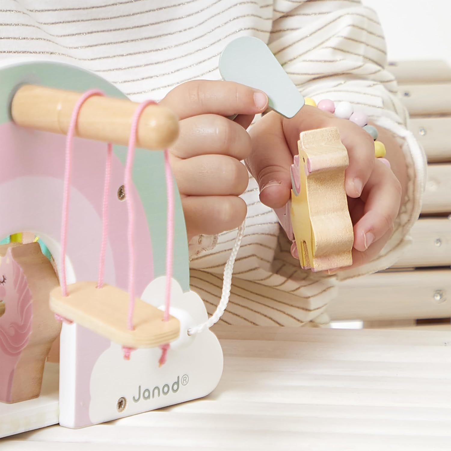 Janod Home Theme Wooden Toys - Includes 6 Accessories: 4 Unicorns, 1 Hair Dryer, 1 Brush, 1 Swing, 1 Slide - from 18 Months - J08591, J08591, Multicoloured