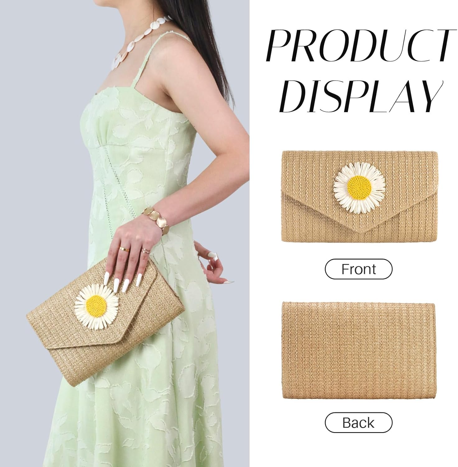 Nefokfdus ストロークラッチパース 女性用 デイジーフラワー イブニング ハンドバッグ 夏 ビーチ ショルダー クロスボディ