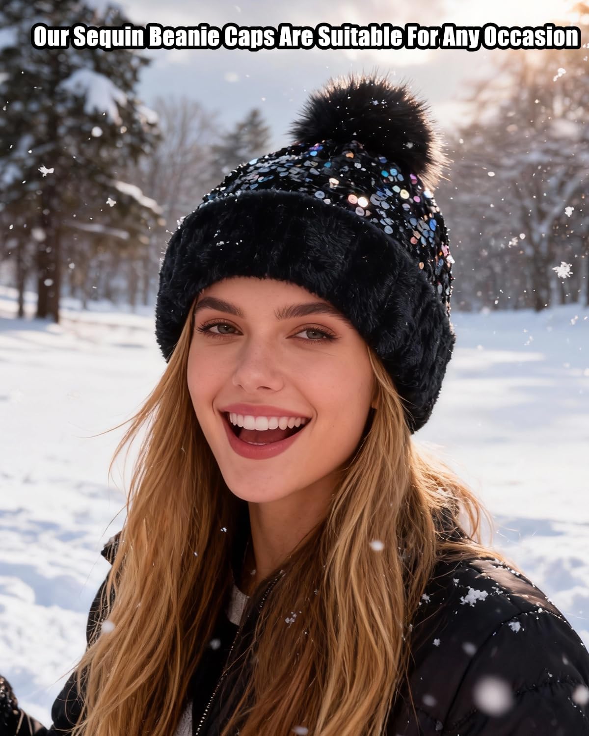 Women Girls Winter Sequin Beanie Hat with Faux Fur Pom Pom Knit Skull Cap - Image 2