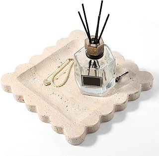 Travertine Decorative Tray, 7.8in Marble Scallop Edge Tray, Square Bathr...