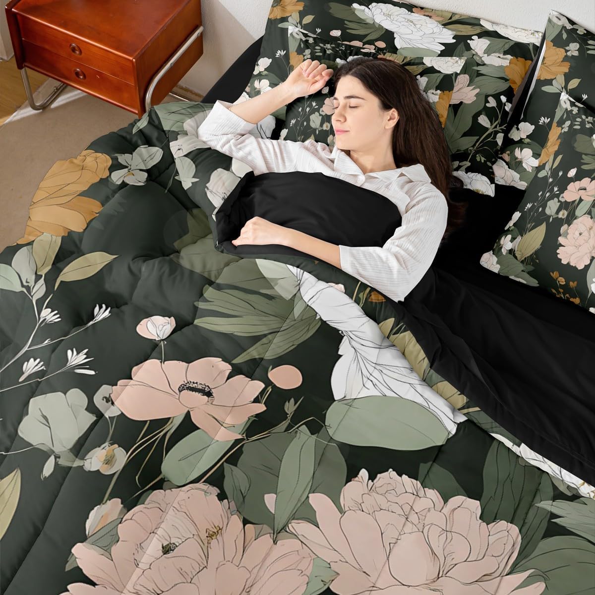 Erosebridal Floral Flower King Comforter Set with Sheets 7 Piece Rustic Botanical Aesthetic Bed in A Bag Boho Elegant Flowers Leaves Bedding Sets for Teens Vintage Farmhouse Plant Leaf Bed Set