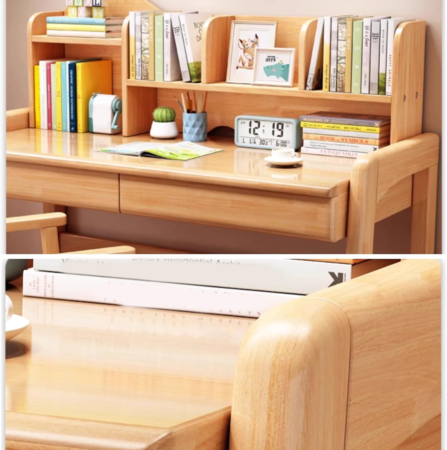 Children's Study Table and Chair Set Solid Wood Student Desk with Bookshelf and Drawer Home Office Desk and Backrest Chair(80x60x76cm)