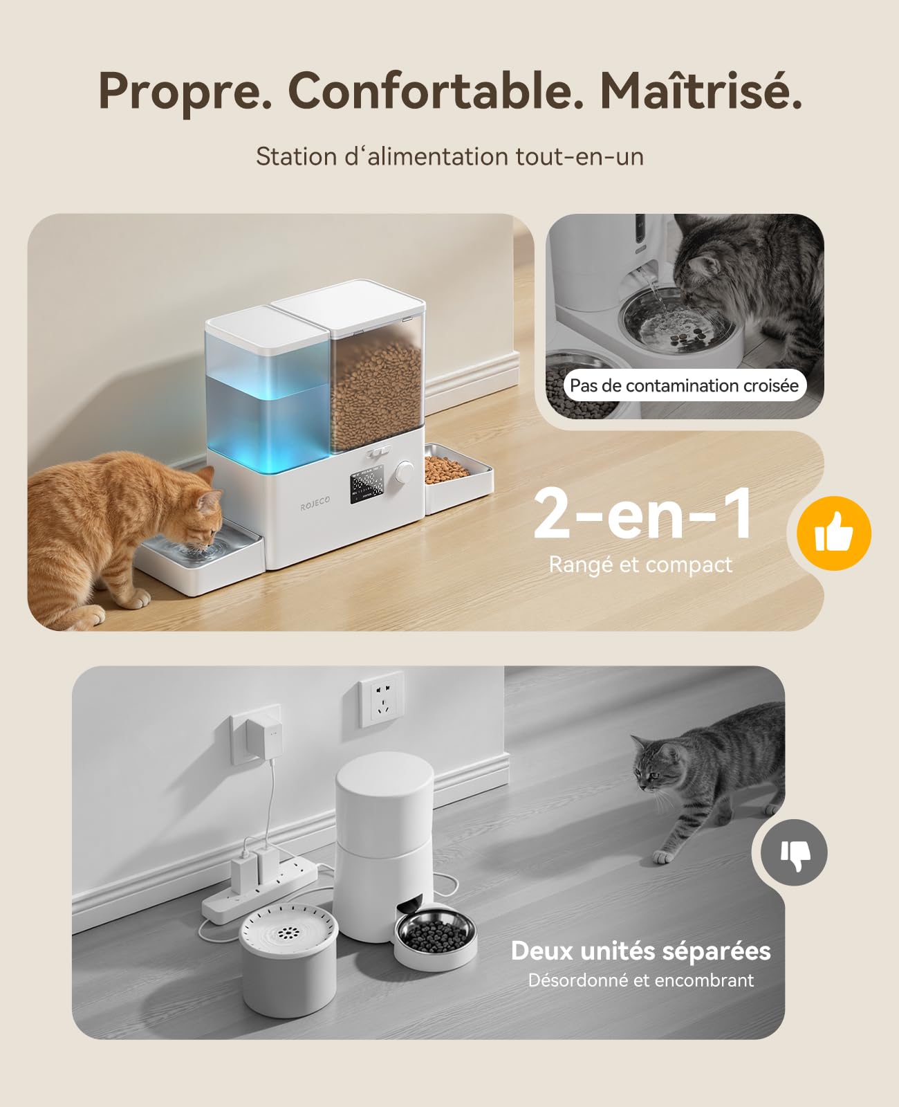 Rojeco Distributeur Automatique 2-en-1 Nourriture et Eau，8.5L Grande Capacité，Minuterie Programmable，Bols en Acier Inoxydable，Commande par Bouton，pour Chat Chien Petit Moyen Animal
