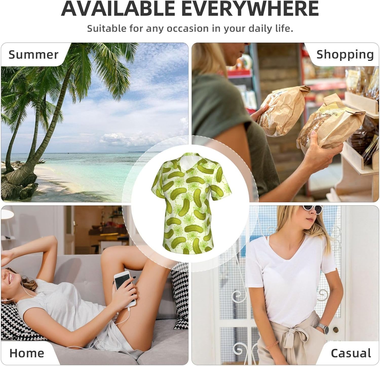 Women Casual Sushi Dill Pickles Print V-Neck T-Shirt Short Sleeve Summer Trendy Tops. Black