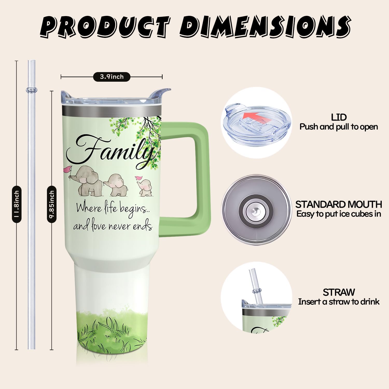 40oz Cute Elephant Tumbler with Handle and Straw, Animal Lovers Gifts for Women Men, Stainless Steel Travel Mug Water Bottle, Vacuum Insulated Cup with Lid - Image 2