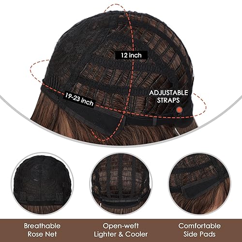 Miniatura 7 de ENTRANCED STYLES Peluca marrón degradado con flequillo, pelucas cortas onduladas estilo Bob para mujer, longitud al hombro, peluca de cabello