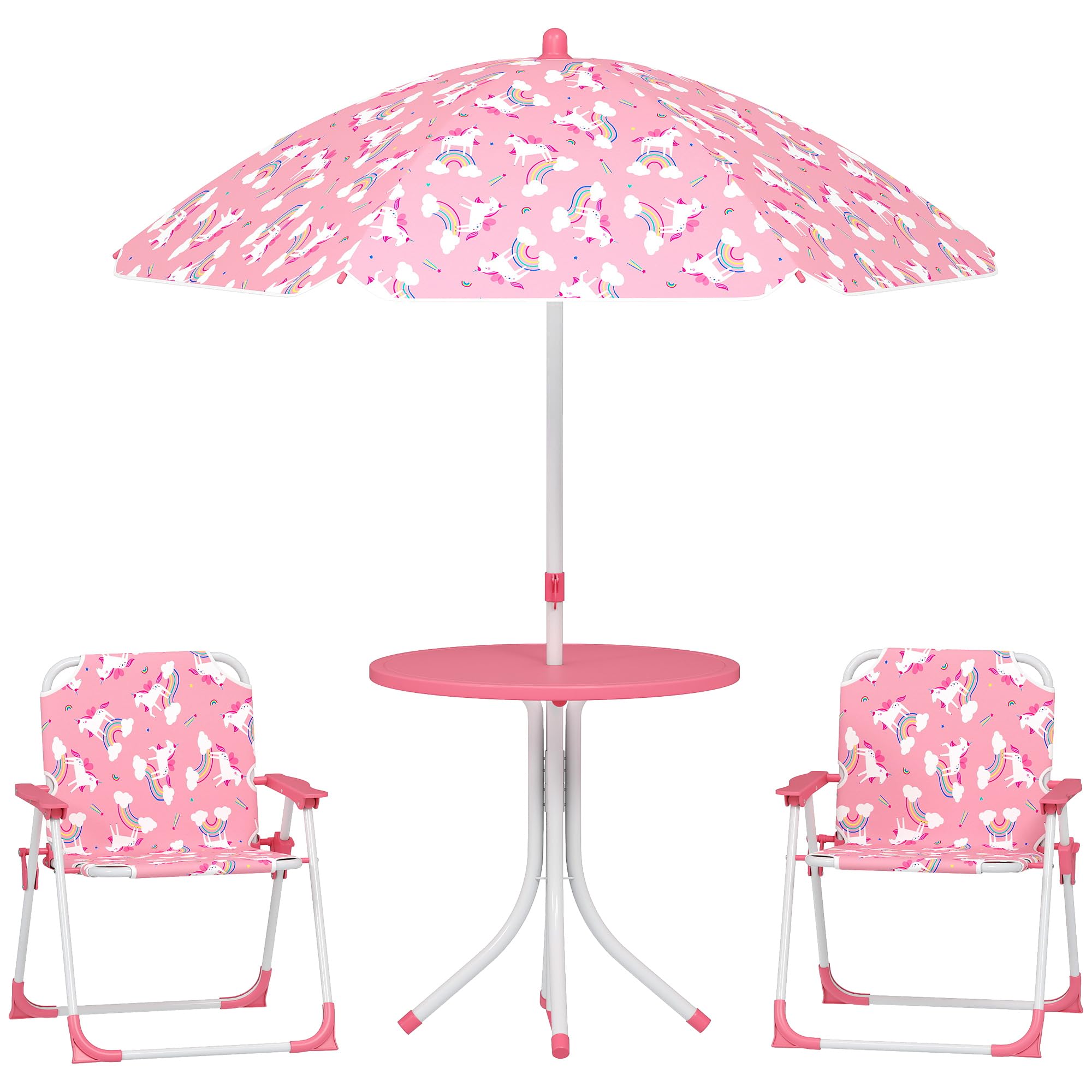 AIYAPLAY Conjunto de Mesa y Sillas Infantil de Jardín de 4 Piezas, Mesa Infantil con Sillas Plegables, Sombrilla Desmontable, Diseño de Unicornios y Arcoíris, para Patio, Pícnic, Rosa