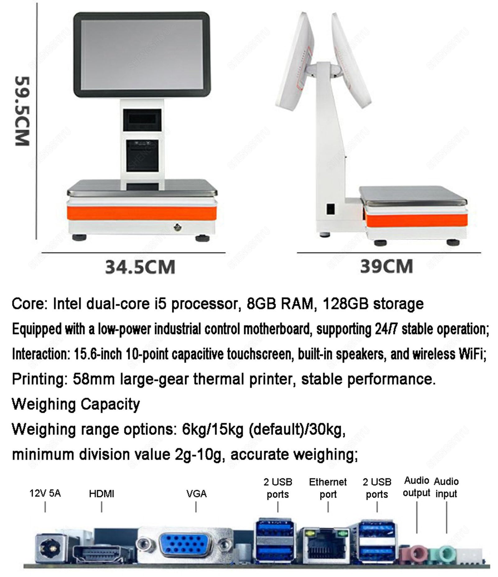 Registratore di Cassa per Negozio,Portata: 15kg,Stampante Termica 58mm,Bilancia Elettronica,Altoparlante,Bilancia con Scontrino,Schermo Secondario per Riproduzione Pubblicitaria