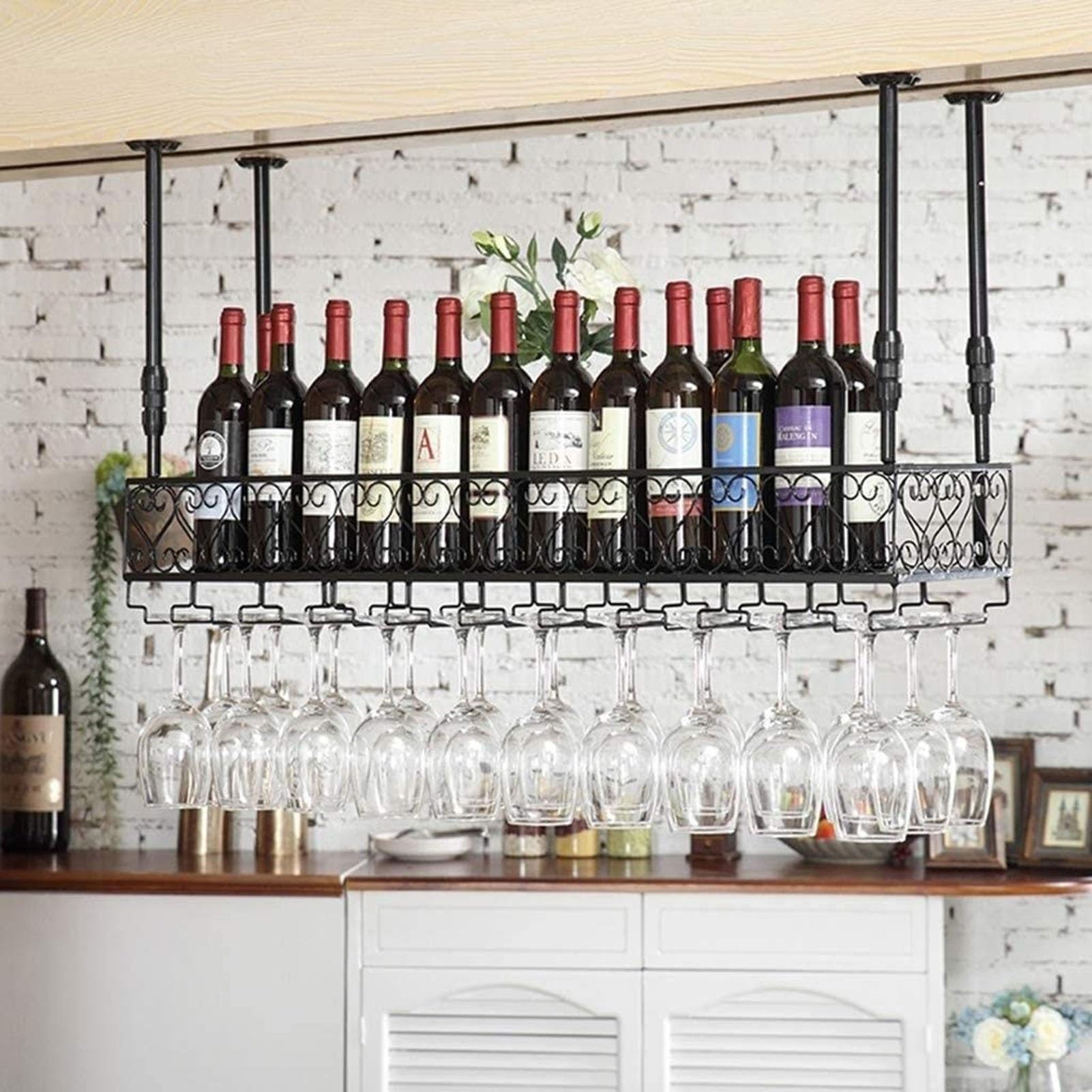 OOPDNEGAK Wall Hanging Iron Wine Rack - Metal Wine Bottle Holder, Ceiling Decoration Storage Shelf, Hanging Rack Display Stand, Hanging Floating Shelf Wine Rack, Floating Shelves(80 * 25cm)