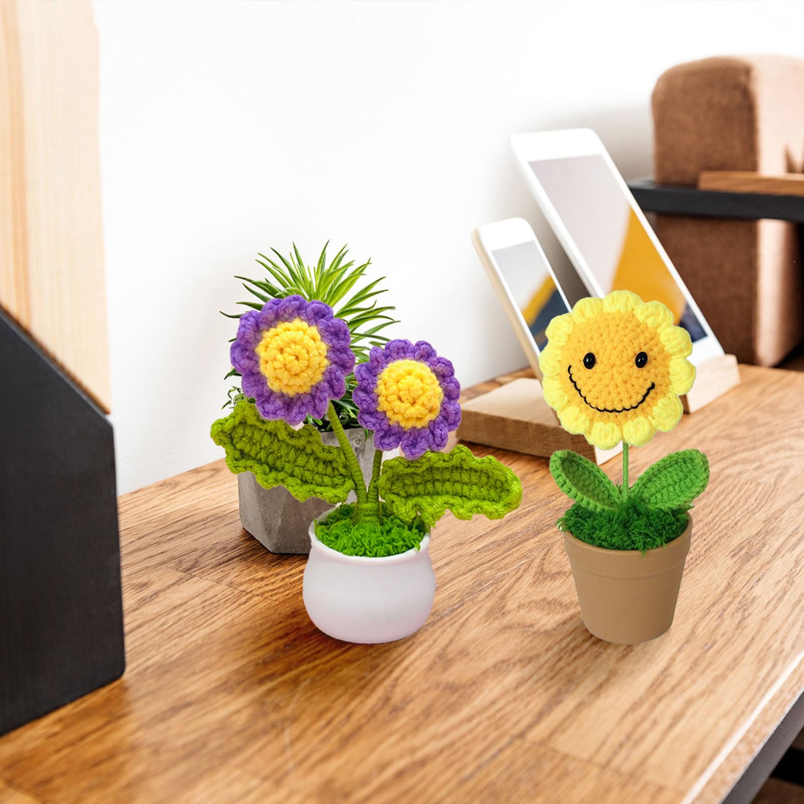 Tournesol Tricoté En Laine En Pot - Décoration De Table Maison/bureau, Environ 13x6 Cm, Fait Main, Sans Entretien