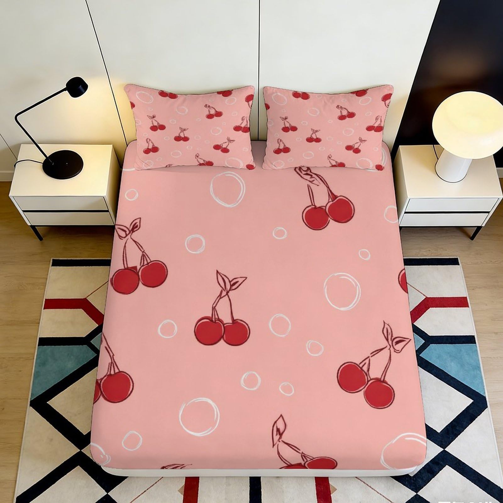 3D Printed Cherry Pattern Fitted Sheet Microfiber Deep Pocket Bedroom Bedding Cherry Mattress Fitted Cover Non-Slip Wrap 200x200x25cm
