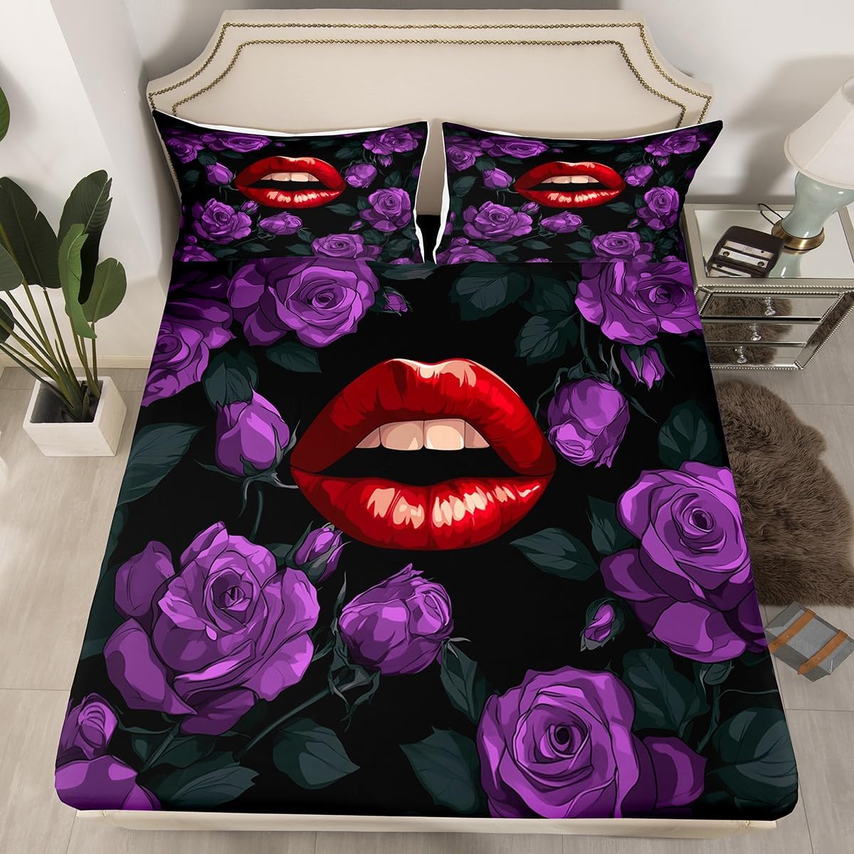 Red Lip Kids Fitted Sheet Full Size,Roses Flowers Valentine's Day Romantic Bedding Set,Girls Women Room Decor,Sexy Lipstick Mouth Kiss Bed Cover,Purple Black Bed Sheet,2 Pillowcases