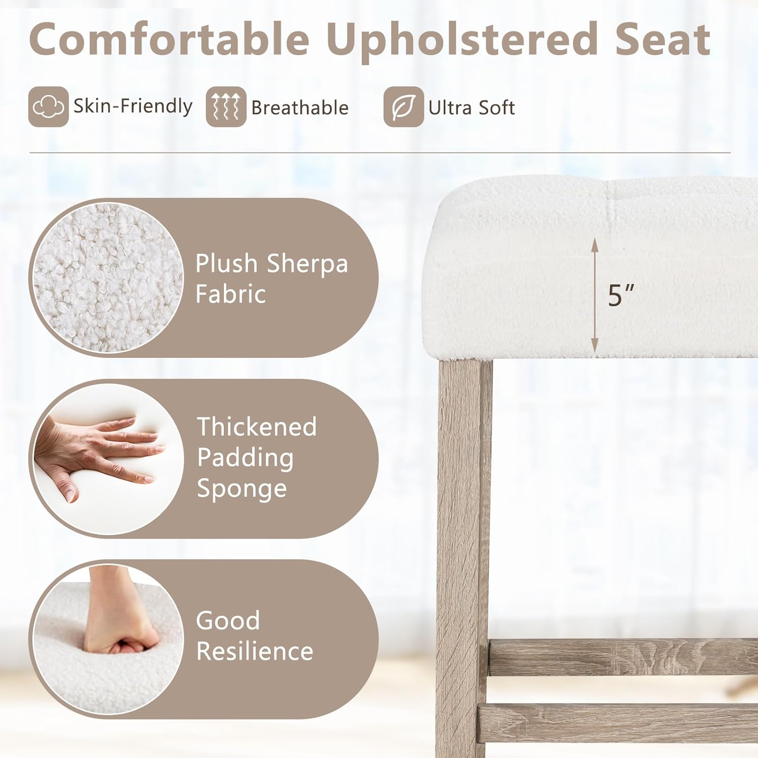 COSTWAY Wooden Bar Stools Set of 4, Modern Sherpa Fabric Counter Chairs with Rubber Wood Legs, Footrest, Upholstered Stools for Kitchen Island Dining Room Restaurant, White+Oak Grey