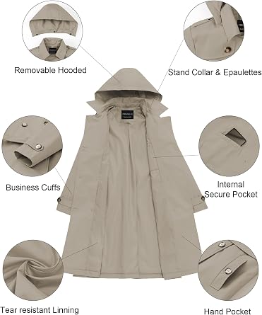 CREATMO US Women's Long Trench Coat Double-Breasted Classic Lapel Overcoat Belted Slim Outerwear Coat with Detachable Hood