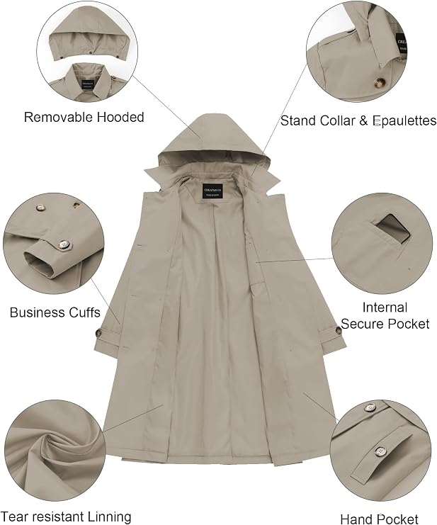 CREATMO US Women's Long Trench Coat Double-Breasted Classic Lapel Overcoat Belted Slim Outerwear Coat with Detachable Hood