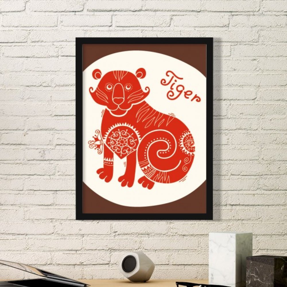 Cadre photo rond bois noir motif tigre animal de Chine rouge