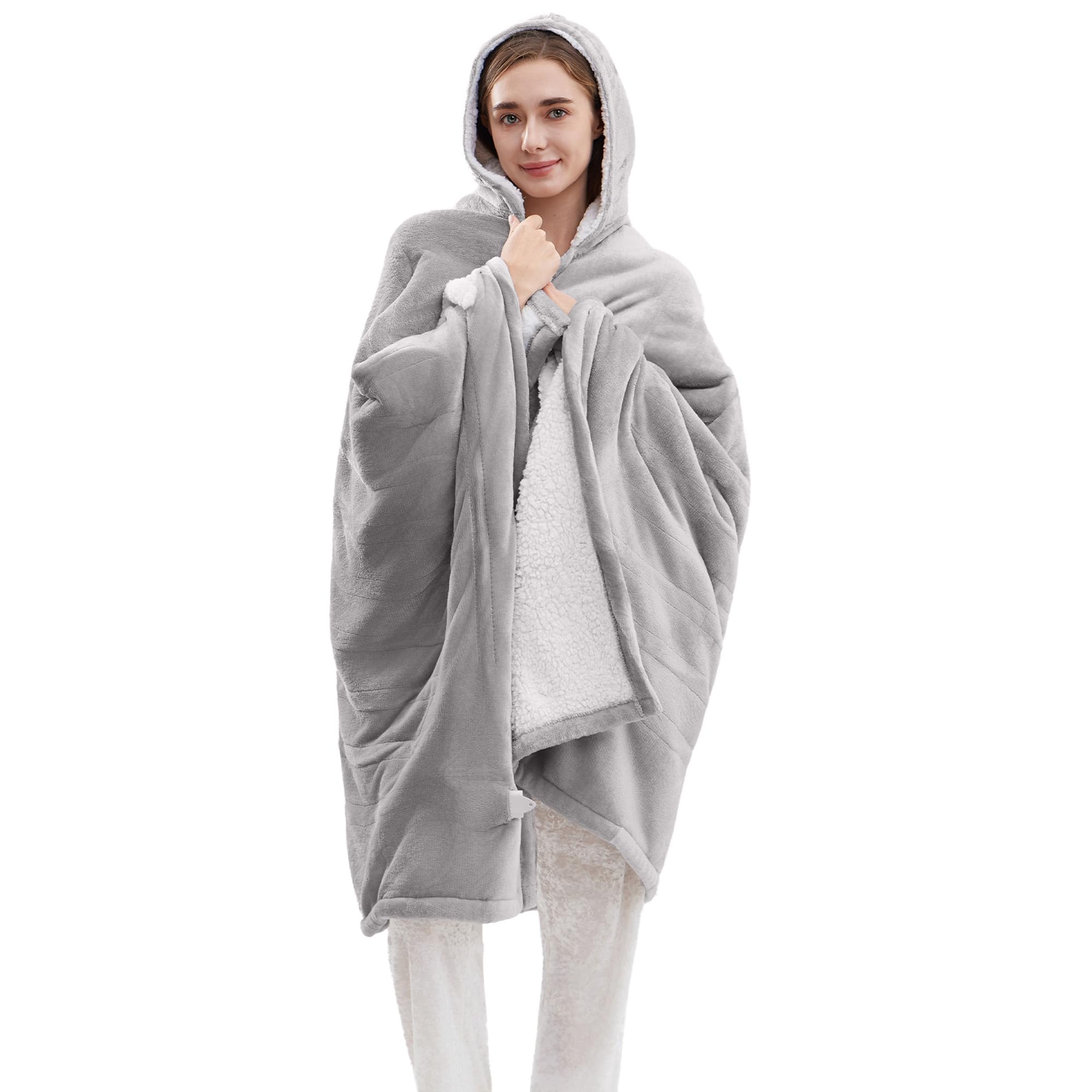 YILOTE Electric Blanket Wearable Throw - Robe with Sleeves and Foot Pockets - 7-Level Heating Auto-Off Blanket for Adults: Light Grey 40*70
