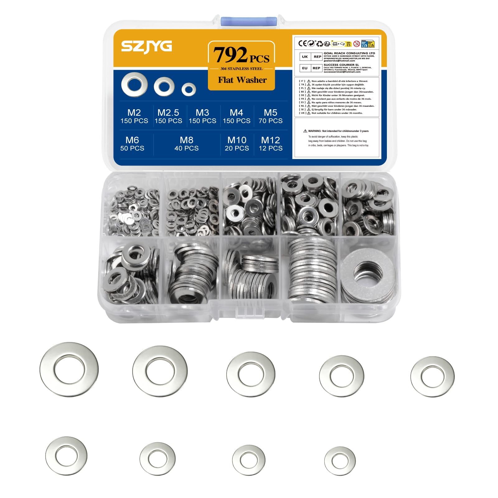792 Pcs Stainless Steel Washers for Screws, Penny Washers for Bolts, Flat Metal Washerss, Assorted Washerss, Plain Repair Fender Washer Assortment Kit(M2 M2.5 M3 M4 M5 M6 M8 M10 M12) (792)