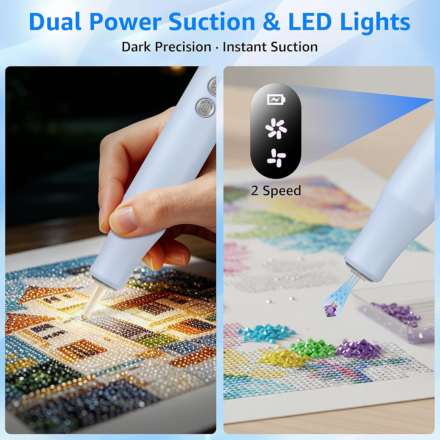 Tolcuez Electric Diamond Painting Pen, Cordless Diamond Art Vacuum Pen with LED Lights, Low Noise Rechargeable Diamond Art Pens Electric for Diamond Painting Accessories & Diamond Art Supplies (Blue)