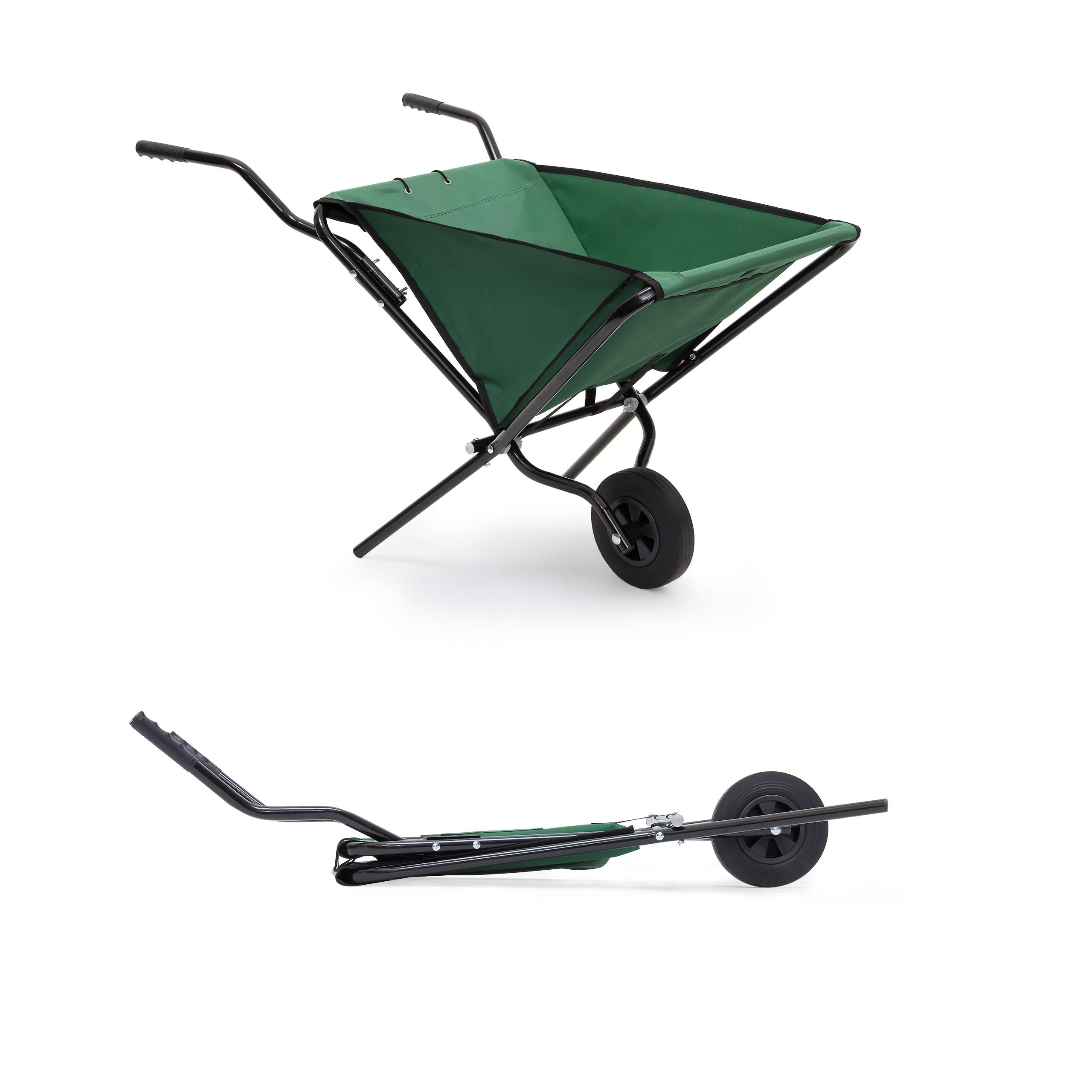 Relaxdays Brouette pliable pouvant être accrochée au mur, charge max. 30 kg, H x L x P : 66 x 42 x 112 cm, verte, Vert
