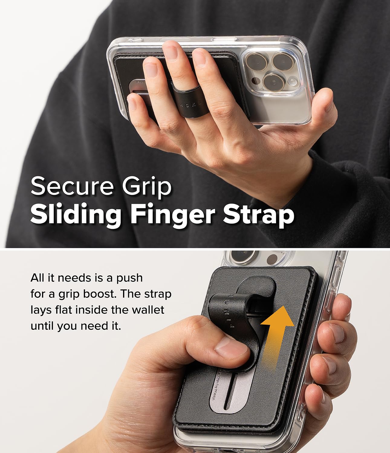 Ringke Slide Grip Wallet Magnetic, Porta Carte Magnetiche in pelle PU con Funzione di Impugnatura Regolabile e Compatibile con Custodie Magnetiche per Telefono - Black