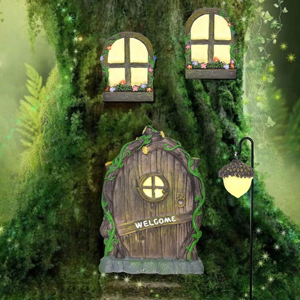 REFORUNG Puertas y Ventanas en Miniatura Puertas de Hadas para Árboles de Jardín Brilla en La Oscuridad Puerta de Gnomo para Jardin con Luz de Calle Decoraciones para Jardines/Árboles/Interior