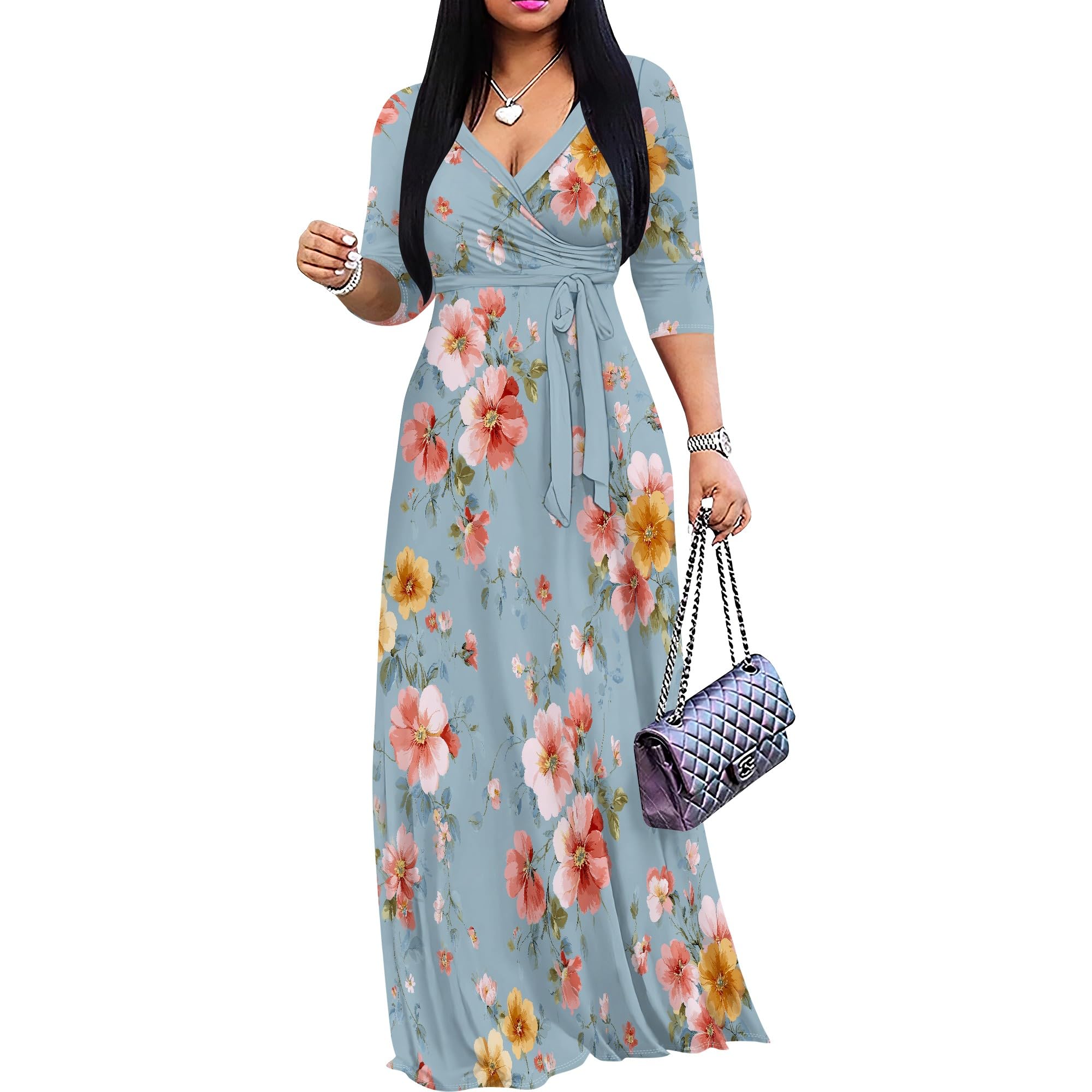 PinkPatty Women's Plus Size V Neck 3/4 Sleeve Boho Maxi Dress with Pockets | Boho printed maxi dress with pockets and tie waist for travel, vacations, weddings, church, parties, and daily wear