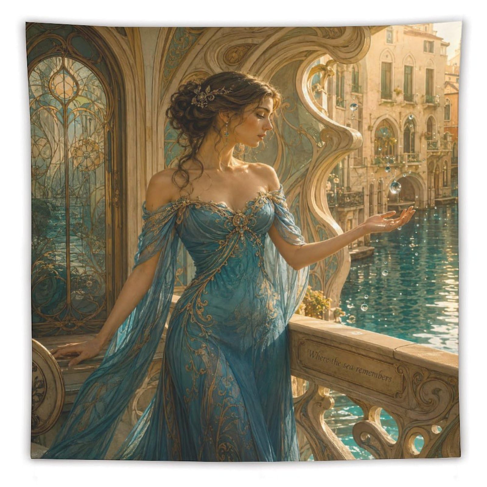 W7C8U2X3 Woman in Blue Dress Wall Tapestry, Realistic Illustration, Bedroom