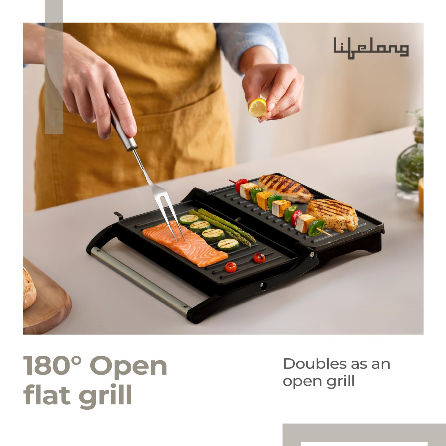 Lifelong Sandwich Maker|Electric Griller & Toaster|Panini Maker with Non-Stick Coating,180° Open Flat Grill,Auto Cut-Off,Fixed Plates,Cool Touch Handle & Power Indicator(LLCG02,Black),800 Watts 1
