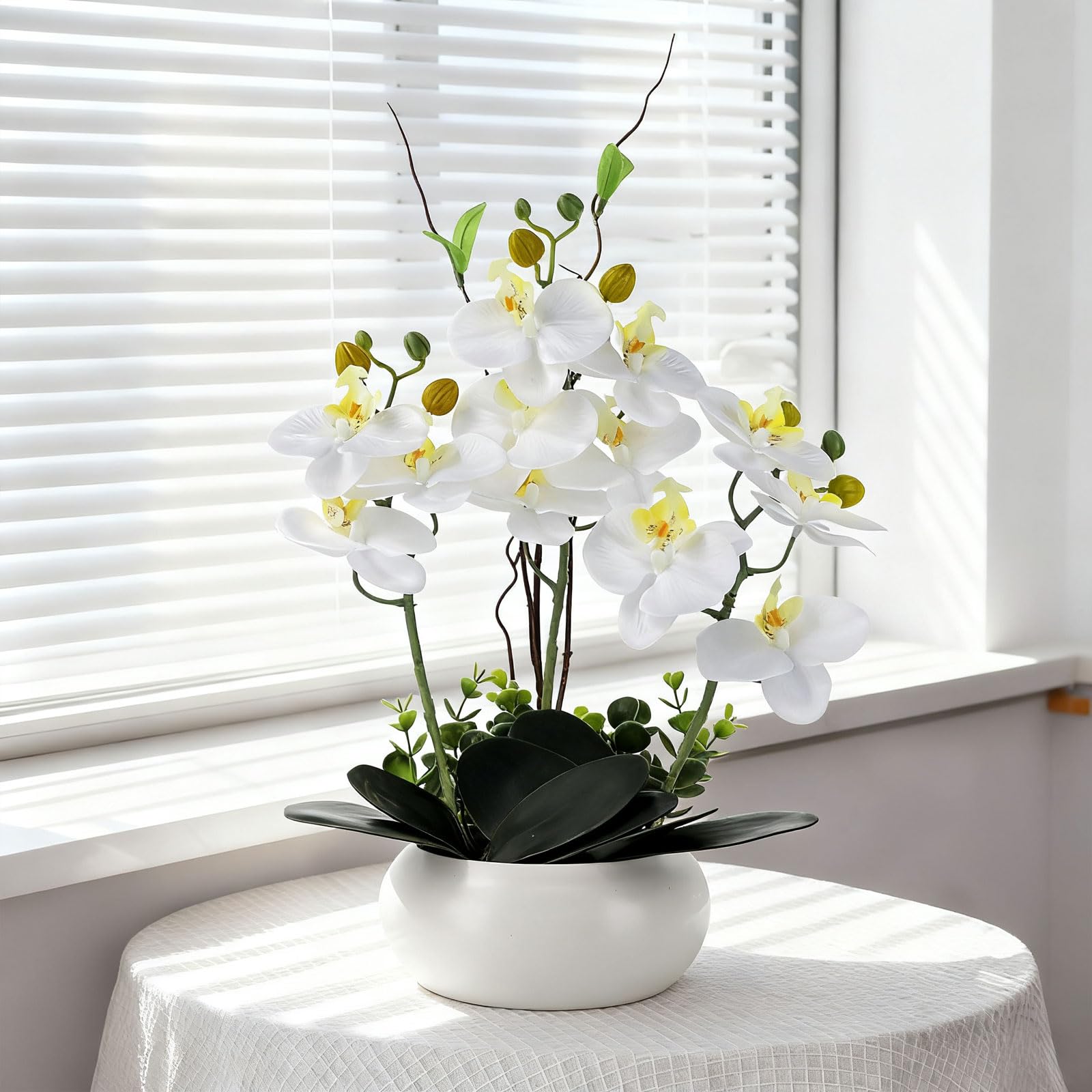 PlusFive Orchidea artificiale in vaso di ceramica, fiori di Phalaenopsis realistici in seta bianca, 36 cm, pianta finta orchidea per interni, decorazione per la casa, centrotavola, decorazione per